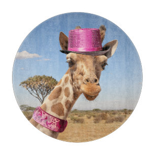 Giraffe in sparkly pink hat cutting board