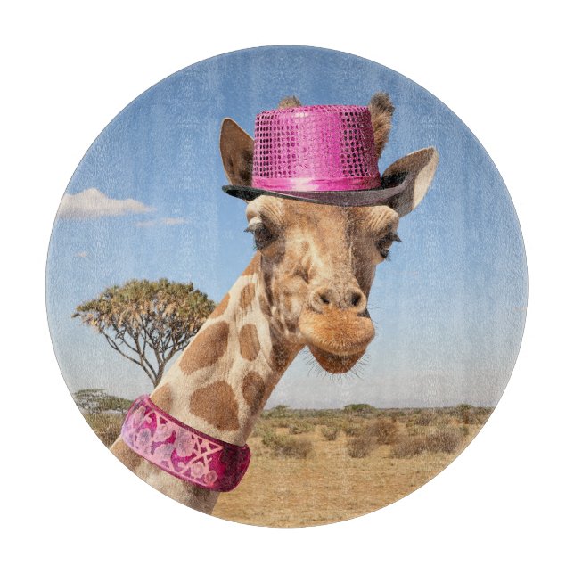Giraffe in sparkly pink hat cutting board (Front)