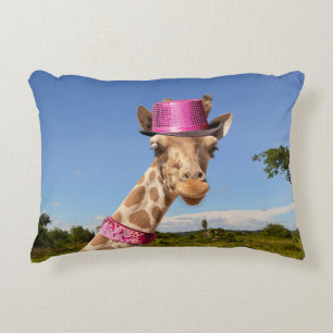 Giraffe in sparkly pink hat decorative cushion