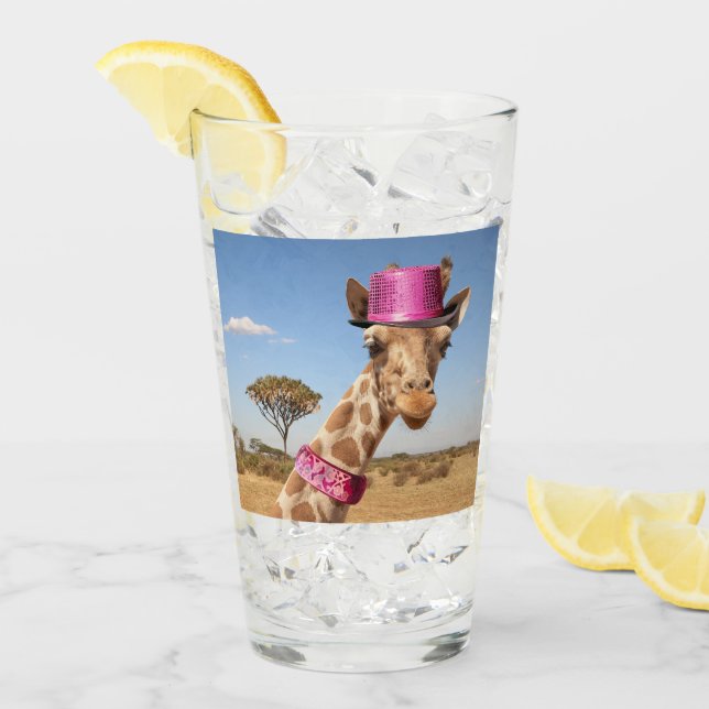 Giraffe in sparkly pink hat glass (Front Ice)