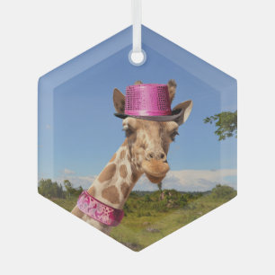 Giraffe in sparkly pink hat glass tree decoration