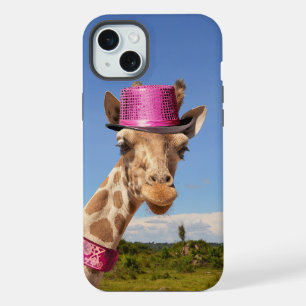Giraffe in sparkly pink hat iPhone 15 plus case