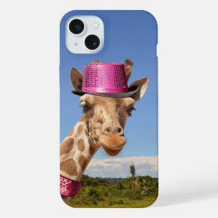 Giraffe in sparkly pink hat iPhone 15 plus case
