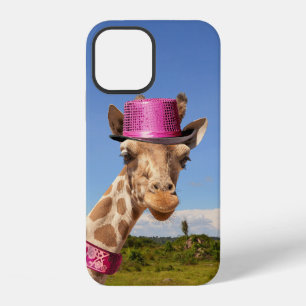 Giraffe in sparkly pink hat iPhone 12 case