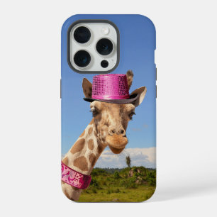 Giraffe in sparkly pink hat iPhone 15 pro case
