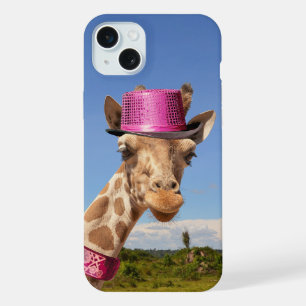 Giraffe in sparkly pink hat iPhone 15 plus case