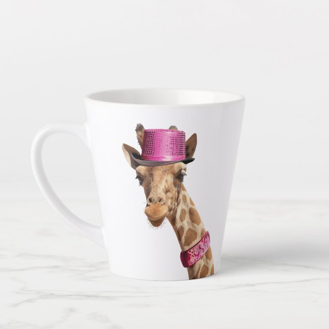 Giraffe in sparkly pink hat latte mug (Left)