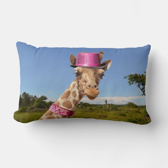 Giraffe in sparkly pink hat lumbar cushion (Front)