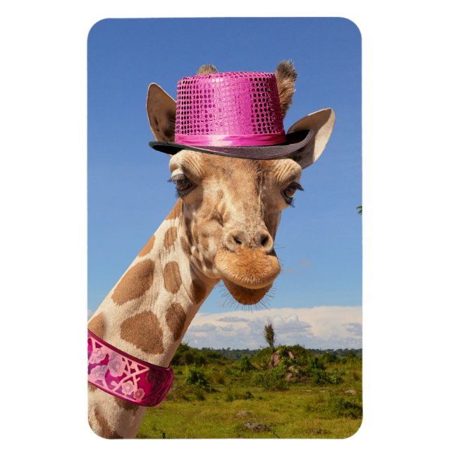 Giraffe in sparkly pink hat magnet (Vertical)