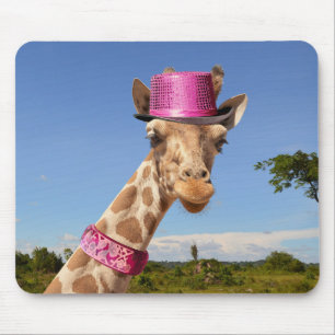 Giraffe in sparkly pink hat mouse pad