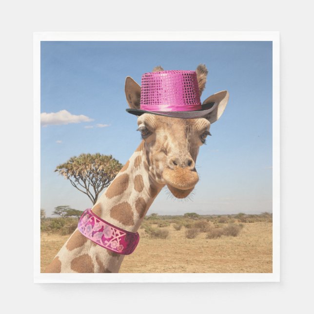 Giraffe in sparkly pink hat napkin (Front)
