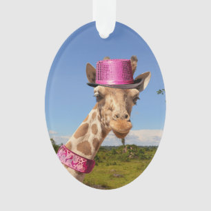 Giraffe in sparkly pink hat ornament