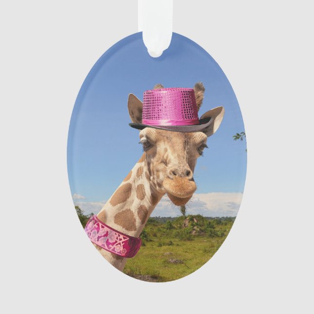 Giraffe in sparkly pink hat ornament (Front)