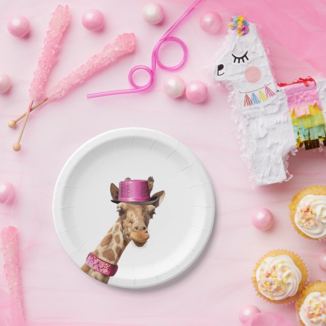 Giraffe in sparkly pink hat paper plate (Party)