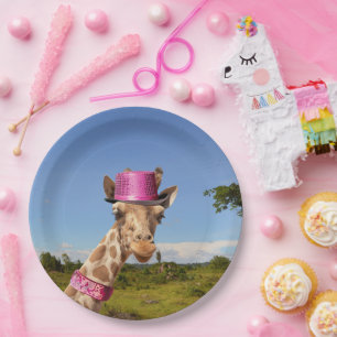 Giraffe in sparkly pink hat paper plate