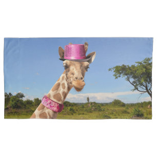 Giraffe in sparkly pink hat pillowcase