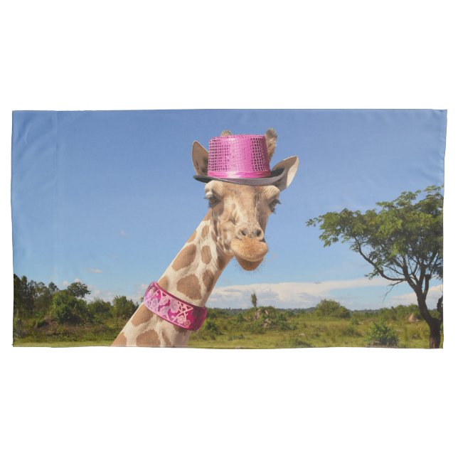Giraffe in sparkly pink hat pillowcase (Front)