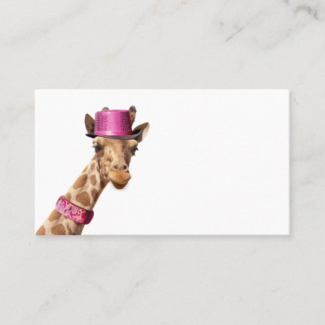 Giraffe in sparkly pink hat place card (Front)