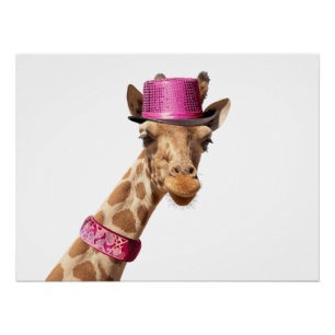 Giraffe in sparkly pink hat poster