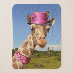 Giraffe in sparkly pink hat sherpa blanket