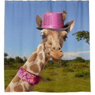 Giraffe in sparkly pink hat shower curtain