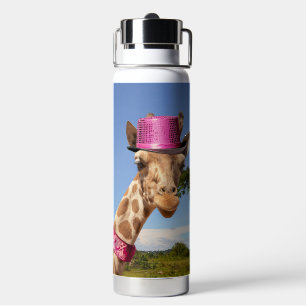 Giraffe in sparkly pink hat water bottle