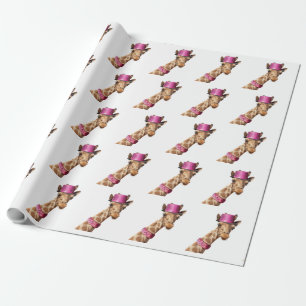 Giraffe in sparkly pink hat wrapping paper
