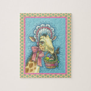 GIRAFFE IN SPRING EASTER BONNET, EGG BASKET PUZZLE