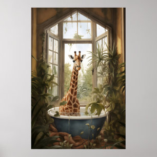 Giraffe In Tub Flower Bathroom Print, Botanical Poster