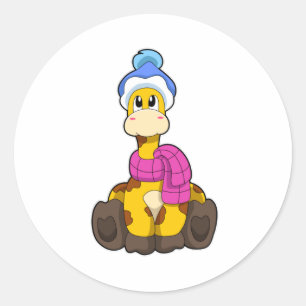 Giraffe in Winter with Scarf & Hat Classic Round Sticker