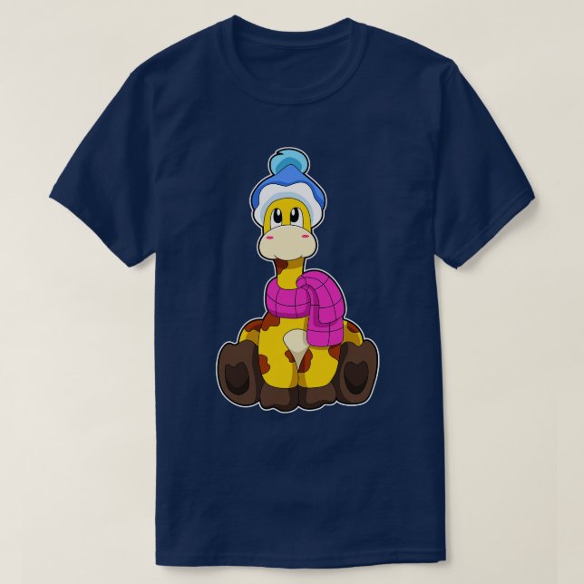 Giraffe in Winter with Scarf Hat T-Shirt (Design Front)