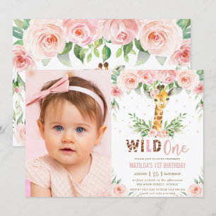 Giraffe Jungle Blush Floral 1st Birthday Photo Invitation