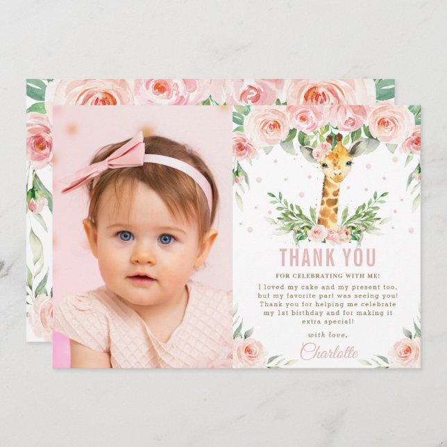 Giraffe Jungle Blush Floral 1st Birthday Photo  Thank You Card (Front/Back)