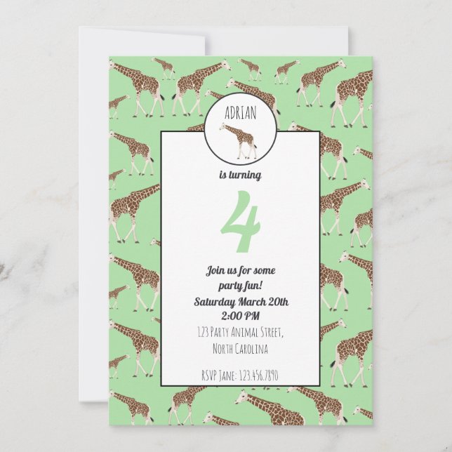Giraffe Jungle Safari Animal Birthday Invitation (Front)