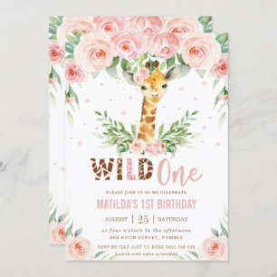 Giraffe Jungle Safari Blush Floral 1st Birthday  Invitation