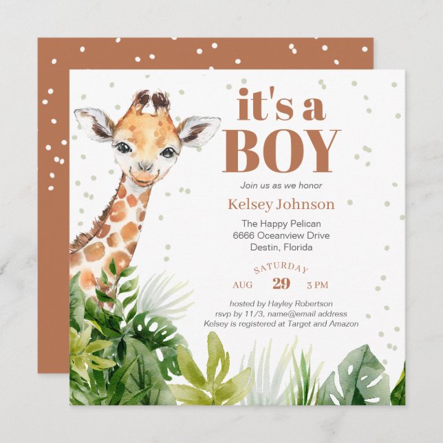 Giraffe Jungle Safari Boy Baby Shower Invitation (Front/Back)