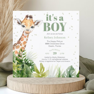 Giraffe Jungle Safari Boy Green Baby Shower Invitation