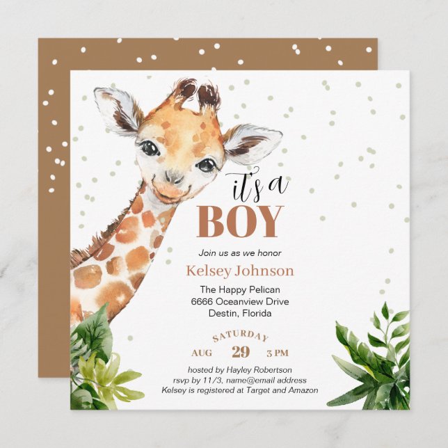 Giraffe Jungle Safari It's a Boy Green Baby Shower Invitation (Front/Back)