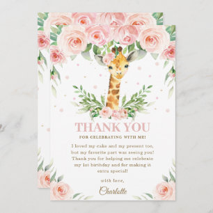 Giraffe Jungle Safari Pink Blush Floral Birthday  Thank You Card
