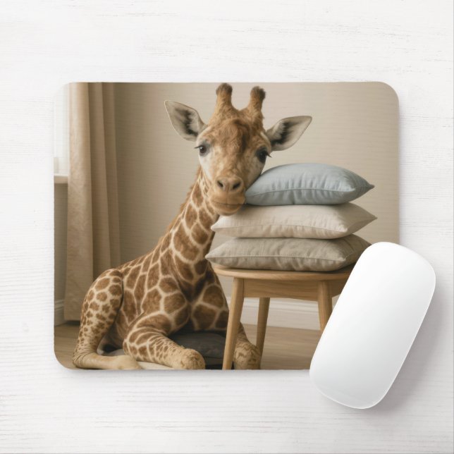 Giraffe Leaning On Pillow Stack Mouse Pad (With Mouse)