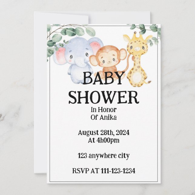 Giraffe,lion, elephant baby shower invitation  (Front)