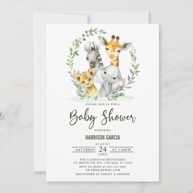 Giraffe Lion Safari Jungle  Animals Baby Shower Invitation (Front)