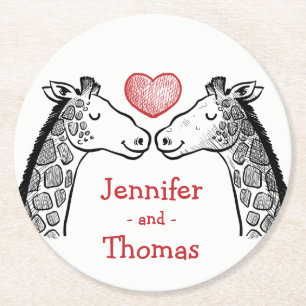 Giraffe Love Black & Red Wedding Party Engagement Round Paper Coaster
