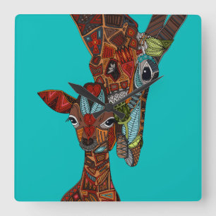 giraffe love turquoise square wall clock