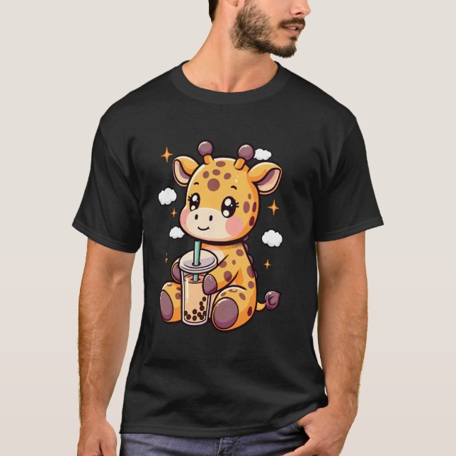 Giraffe Lover Kawaii Giraffe Drinks Boba Tea Bubbl T-Shirt (Front)