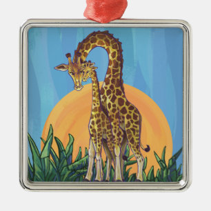 Giraffe Mama and Baby Metal Tree Decoration