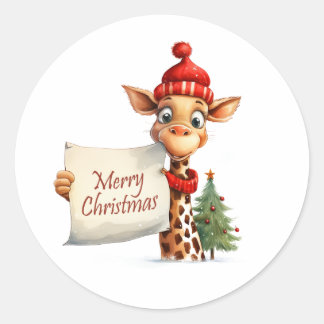 Giraffe Merry Christmas Classic Round Sticker