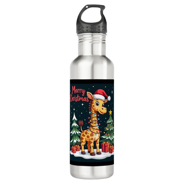 Giraffe Merry Christmas Tree Lighting Santa Giraff 710 Ml Water Bottle (Front)