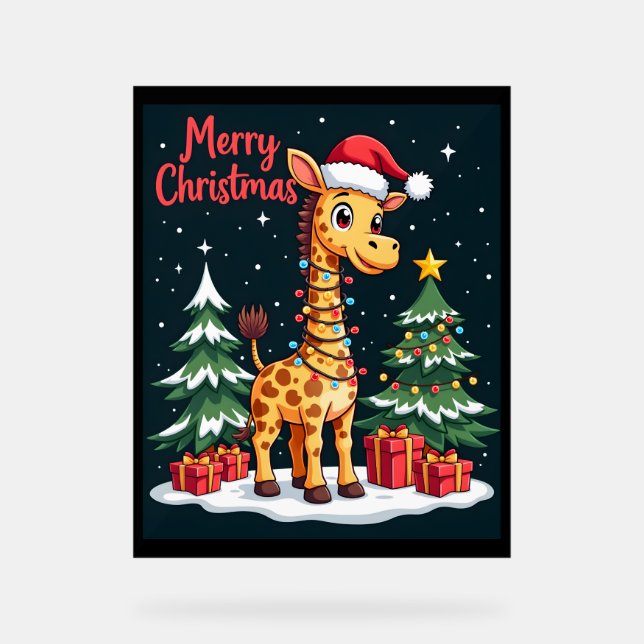 Giraffe Merry Christmas Tree Lighting Santa Giraff Acrylic Sign (Front)