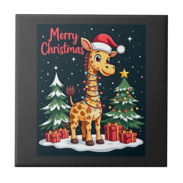 Giraffe Merry Christmas Tree Lighting Santa Giraff Ceramic Tile (Front)